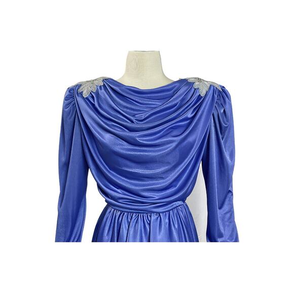 1980s Filigree Icy Blue Draped Bodice Appliquéd Polyester Disco Glam Dress - Picture 2 of 9